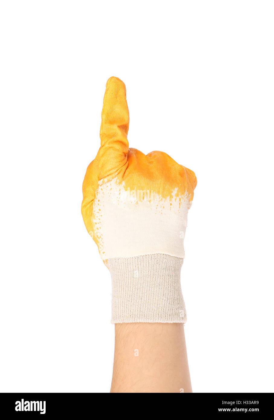 Hand in rubber glove shows one Stock Photo Alamy