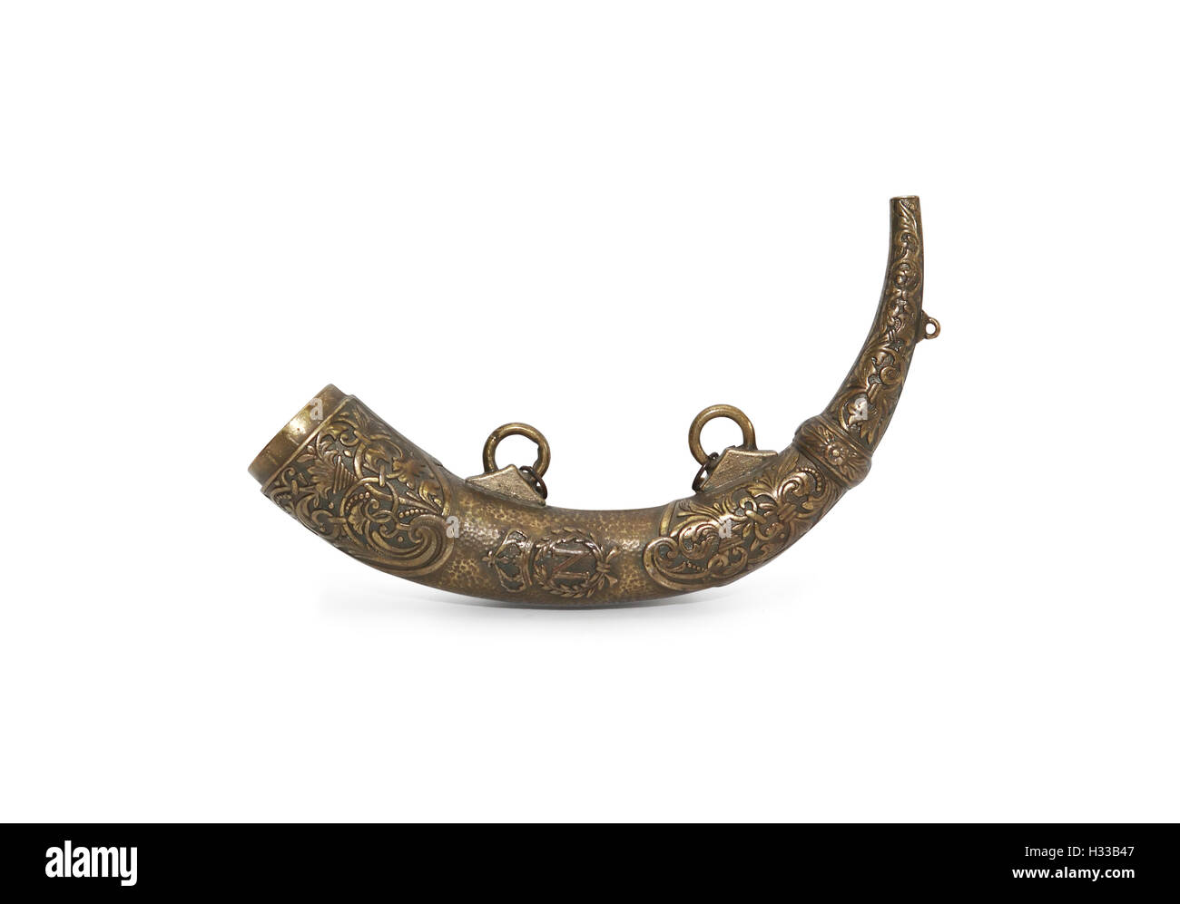 Antique Decorated Brass Gun Powder Horn North African circa 18th-19th  Century