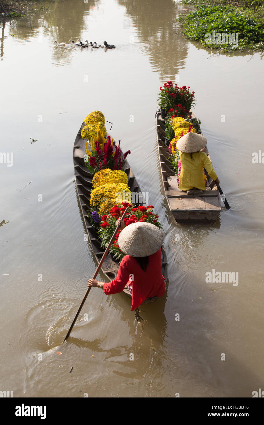 Harvesting flower on boat in Vietnam during Holidays Stock Photo