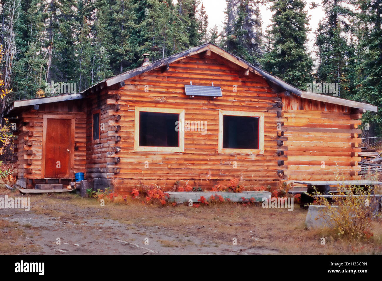 Rustic Yukon Canada Log Cabin Outside Solar Panel Stock Photo Alamy