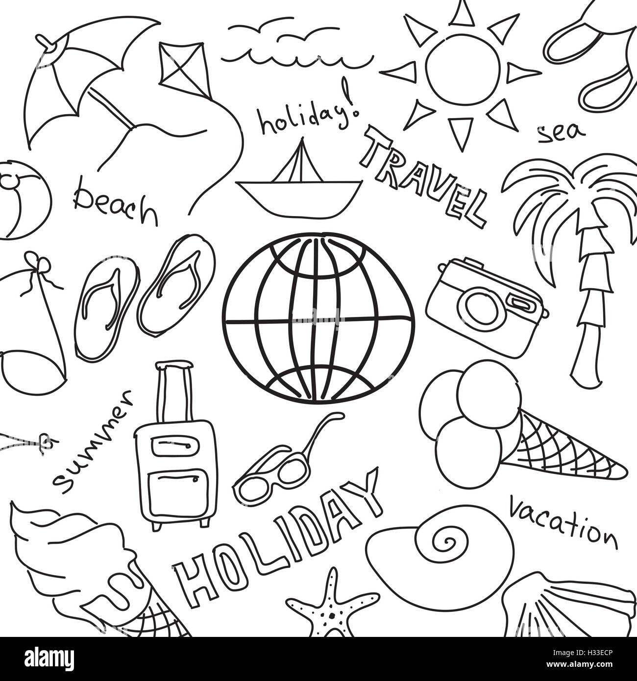 Set sketches summer vacation sea hi-res stock photography and