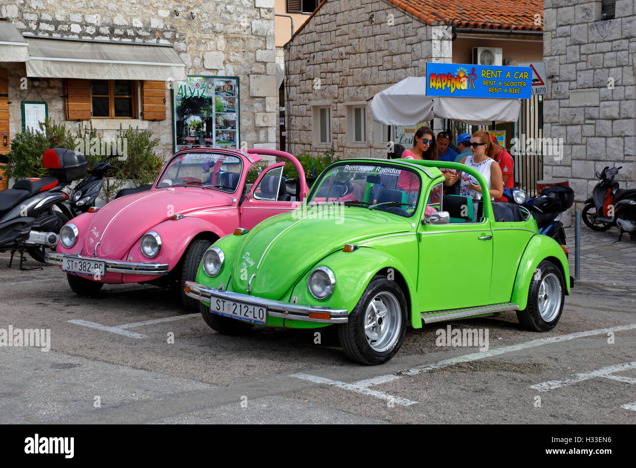 Classic VW beetle hire cars, Hvar Town, Croatia, Dalmatia, Dalmatian Coast, Europe. Stock Photo