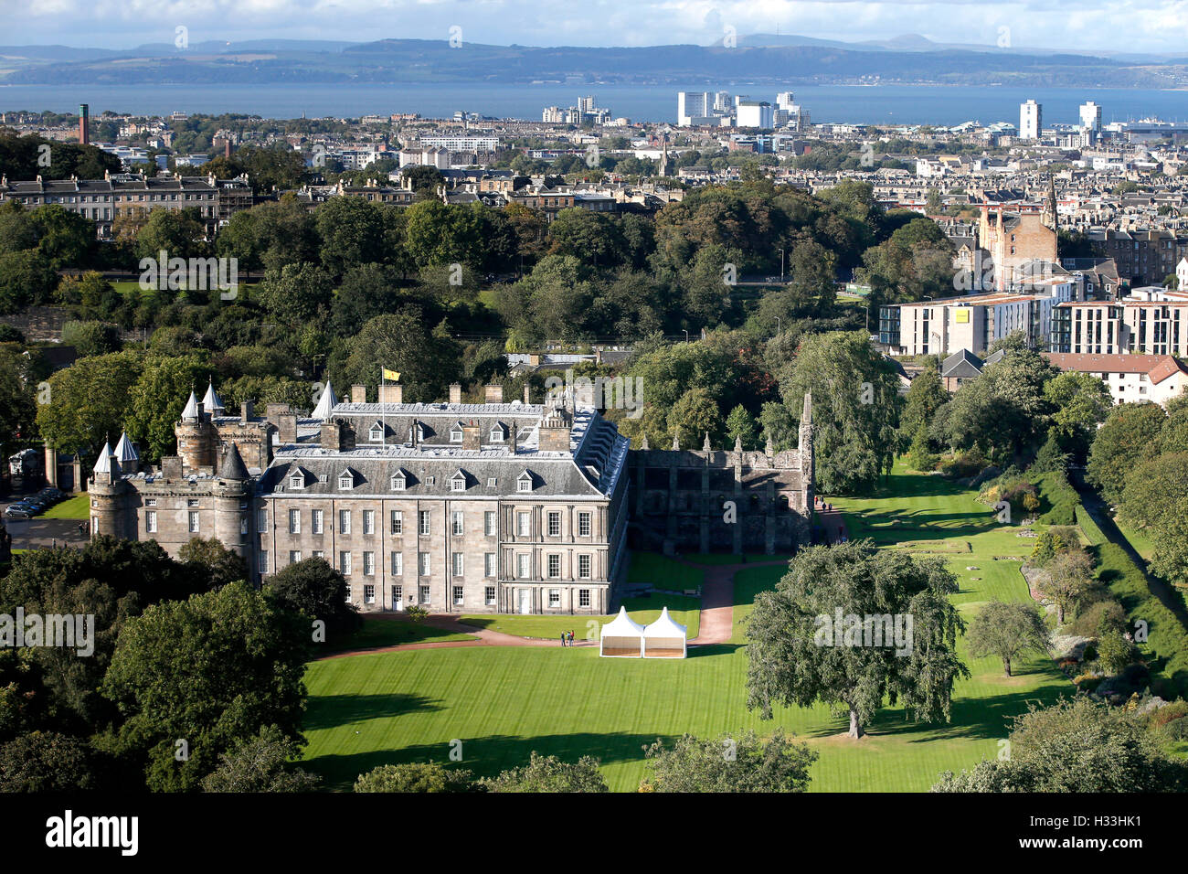 Embargoed to 0001 Tuesday October 4 One of two 100ft tall Wentworth elms (bottom right hand corner) which have been discovered within the grounds of the Palace of Holyroodhouse, the Queen's official residence in Scotland. Stock Photo