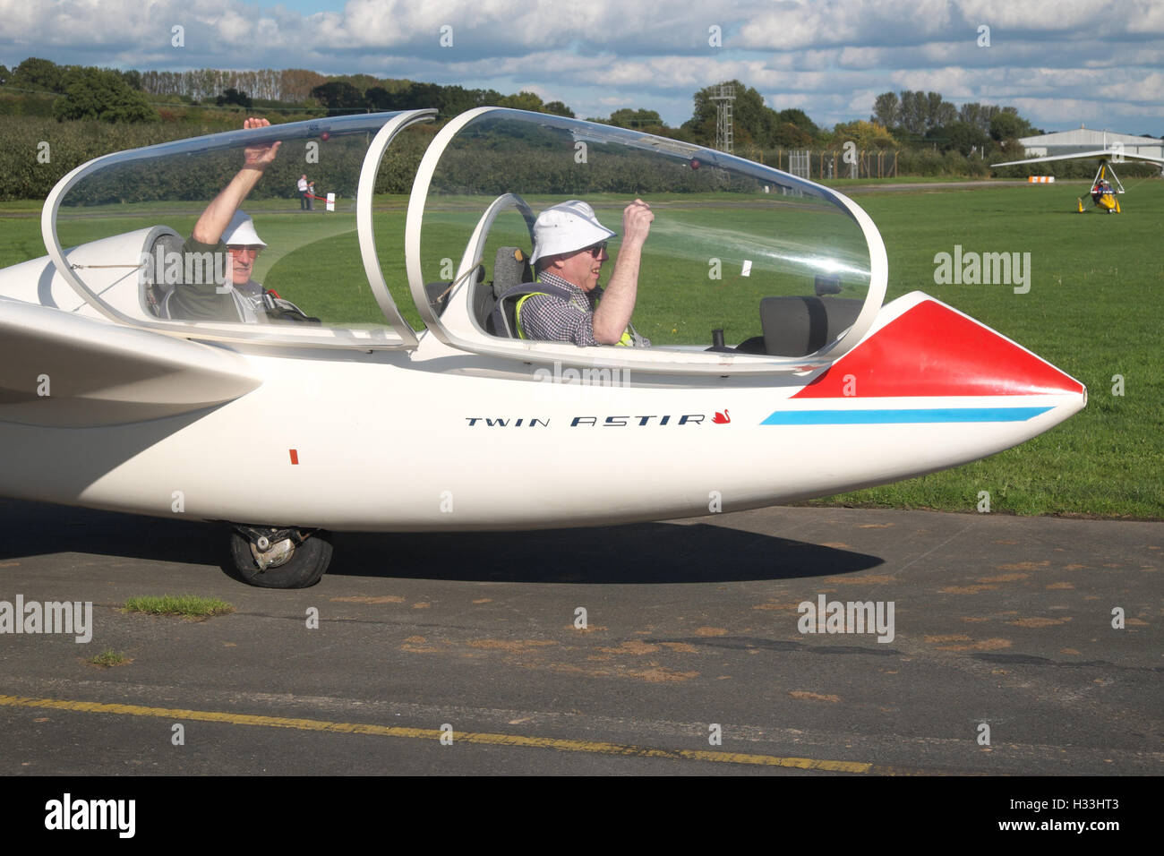 Gliding glider a Grob G103 Twin Astir two seat training glider prepares for flight at Shobdon UK Stock Photo