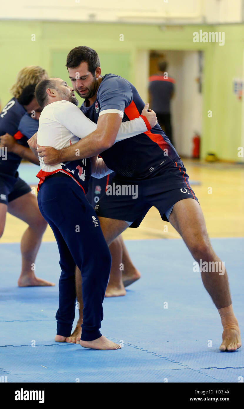 England's Joshua Beaumont learns Judo techniques from British Judo coach JP Bell during a training session at Brighton College. Stock Photo