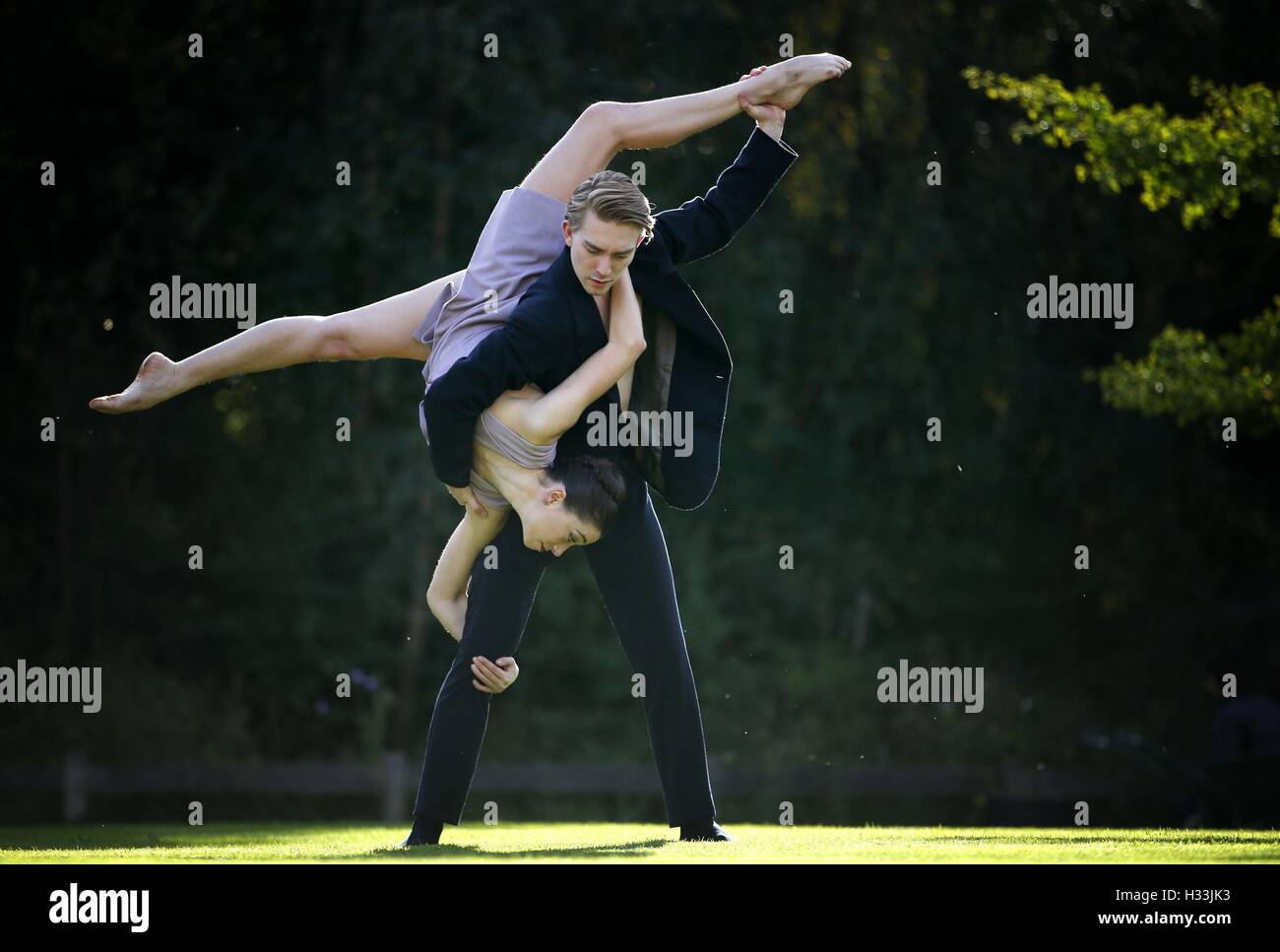 Soloist Araminta Wraith and artist Henry Dowden perform movements from Scottish Ballet's 'Sibilo', in The Hidden Garden at Tramway, Glasgow, ahead of this year's World Ballet Day. Stock Photo