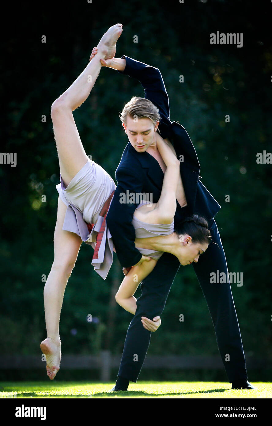 Soloist Araminta Wraith and artist Henry Dowden perform movements from Scottish Ballet's 'Sibilo', in The Hidden Garden at Tramway, Glasgow, ahead of this year's World Ballet Day. Stock Photo