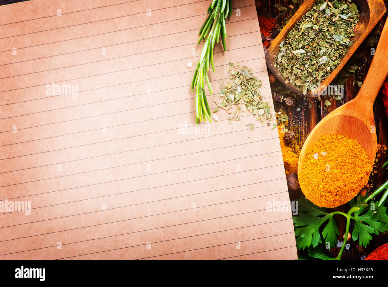 aroma spice in spoons and on a table Stock Photo Alamy
