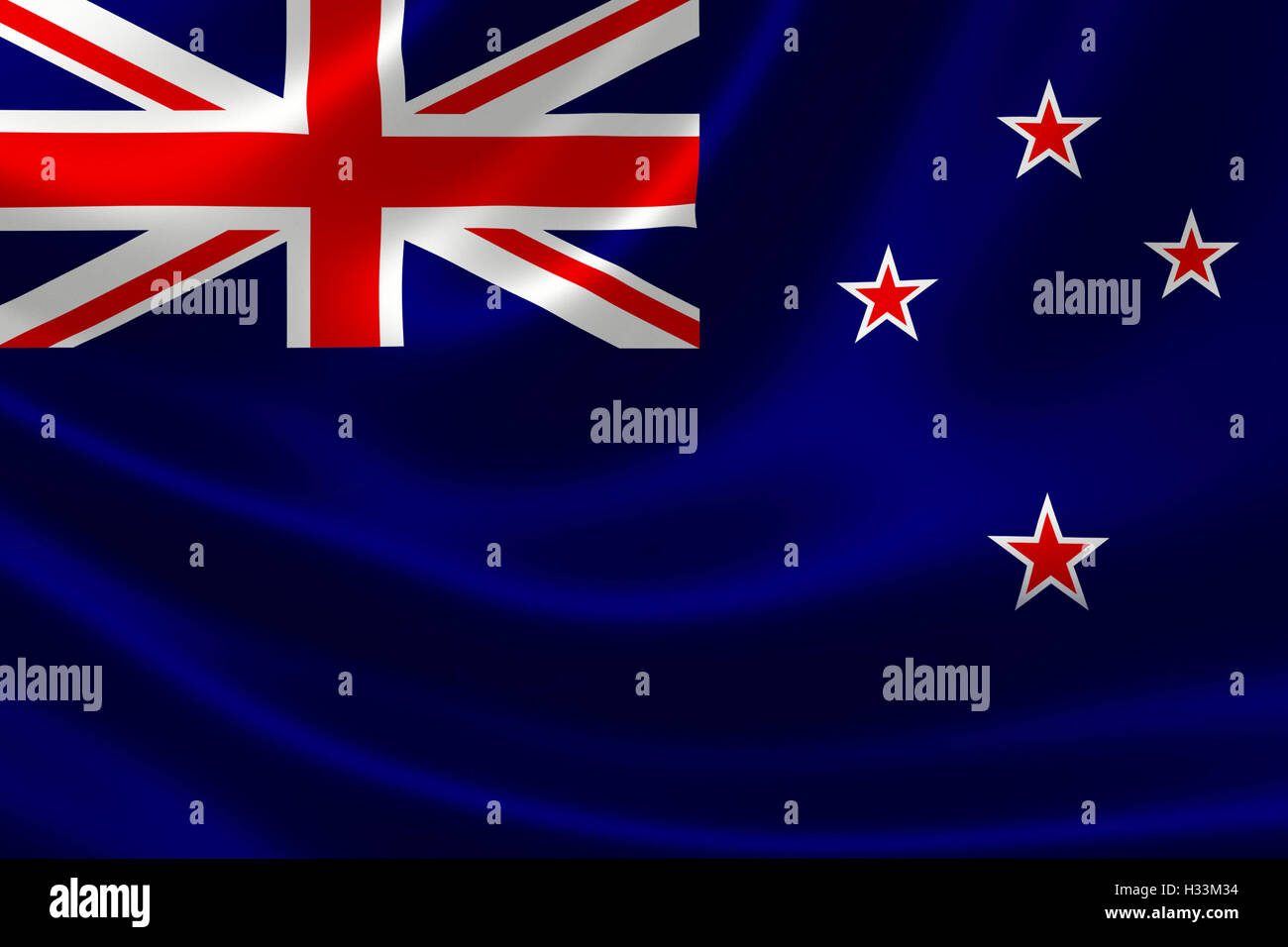 3D rendering of New Zealand's flag on satin textile texture. Stock Photo