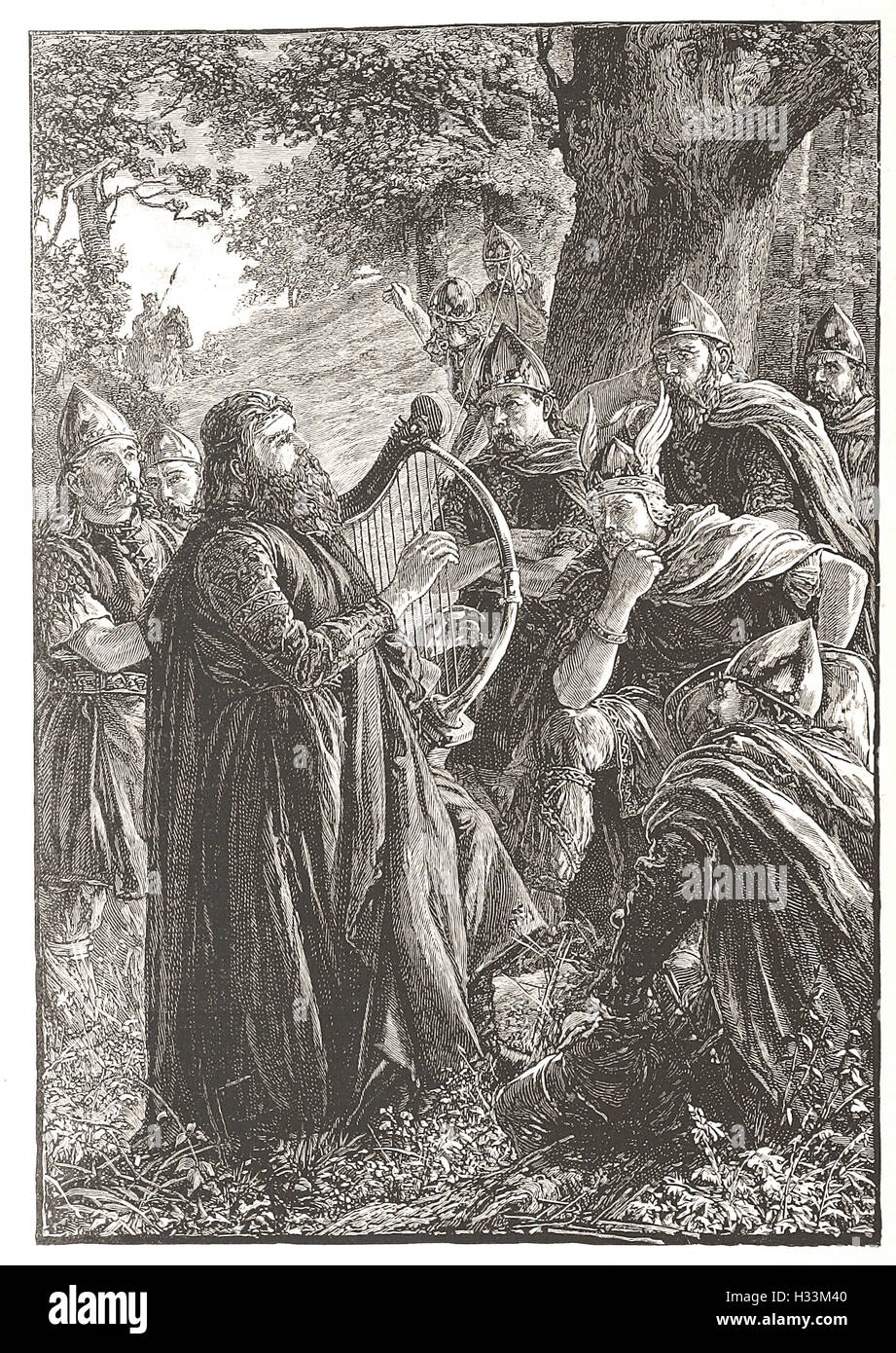 ALFRED THE GREAT, DISGUISED AS A HARPER, PRAYING BEFORE GUTHRUM - from 'Cassell's Illustrated Universal History' - 1882 Stock Photo