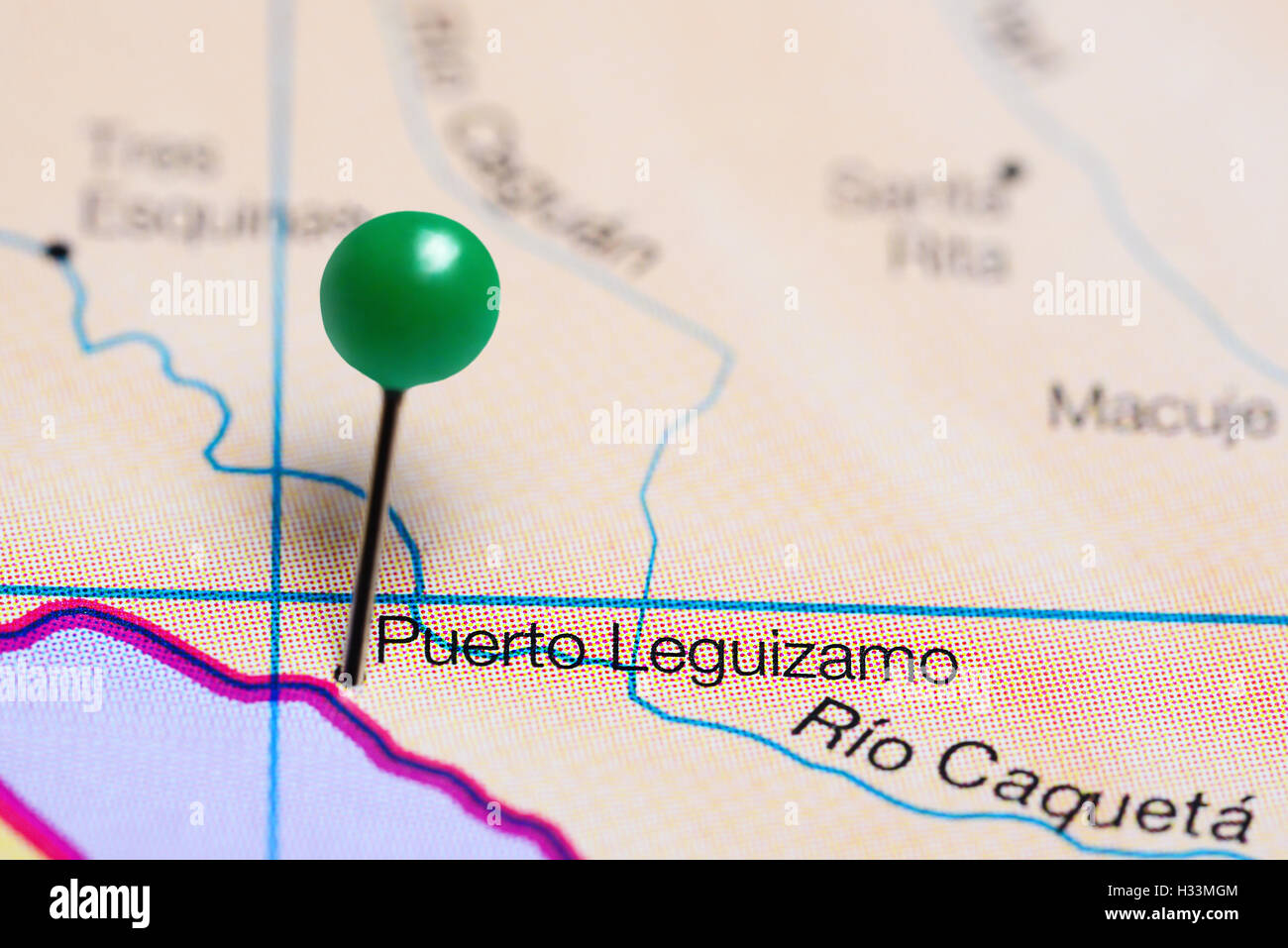 Puerto Leguizamo pinned on a map of Colombia Stock Photo