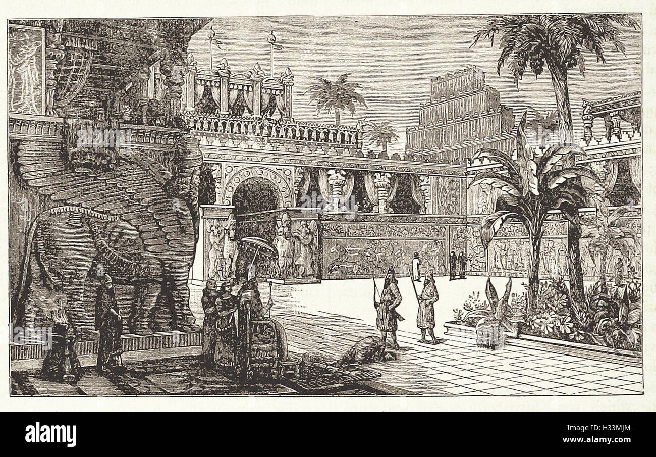 ASSYRIAN PALACE, RESTORED - from 'Cassell's Illustrated Universal History' - 1882 Stock Photo
