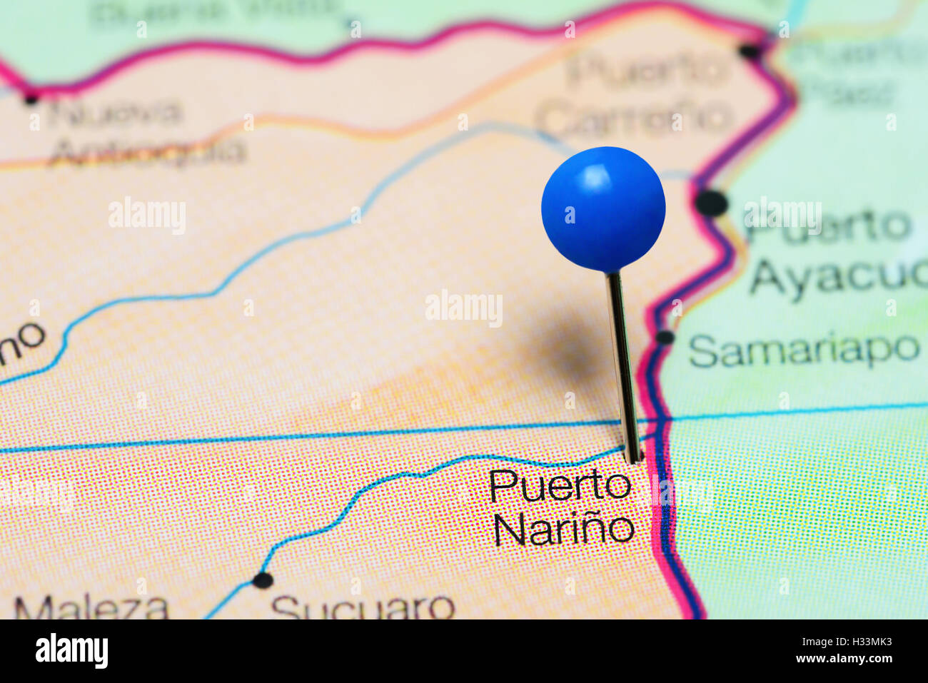 Puerto Narino pinned on a map of Colombia Stock Photo