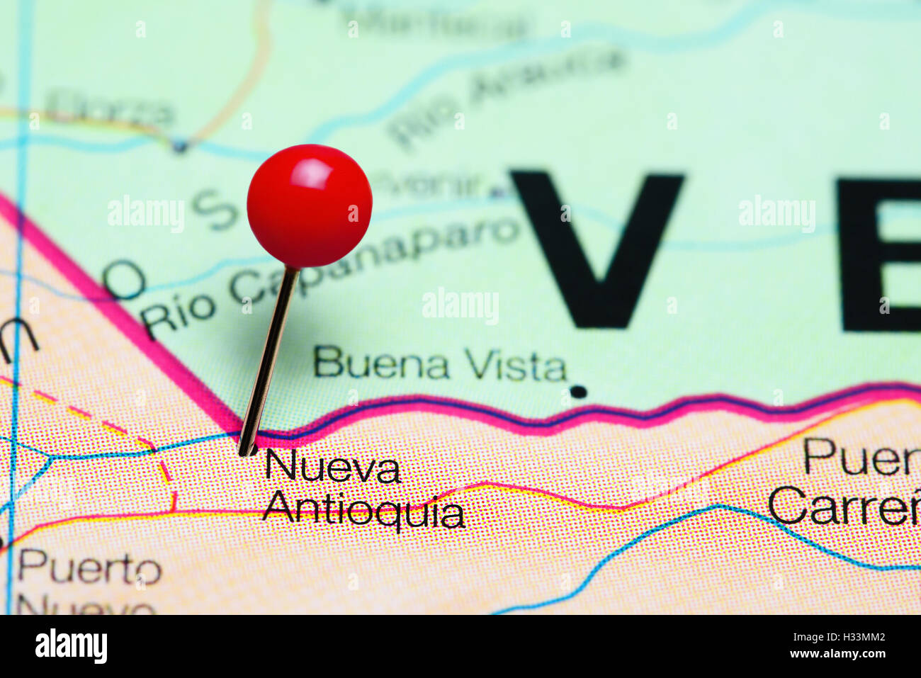 Nueva Antioquia pinned on a map of Colombia Stock Photo