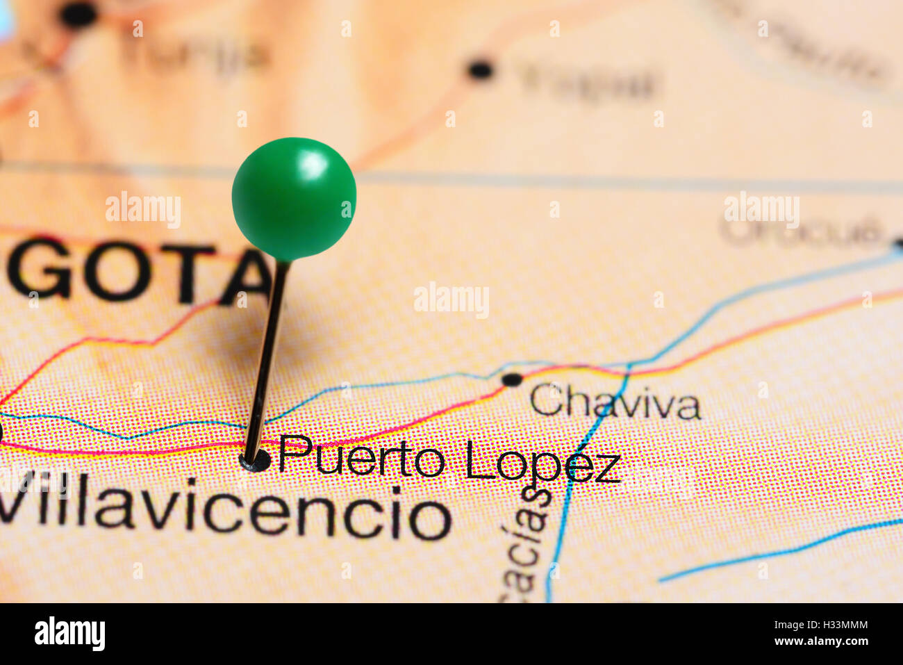 Puerto Lopez pinned on a map of Colombia Stock Photo