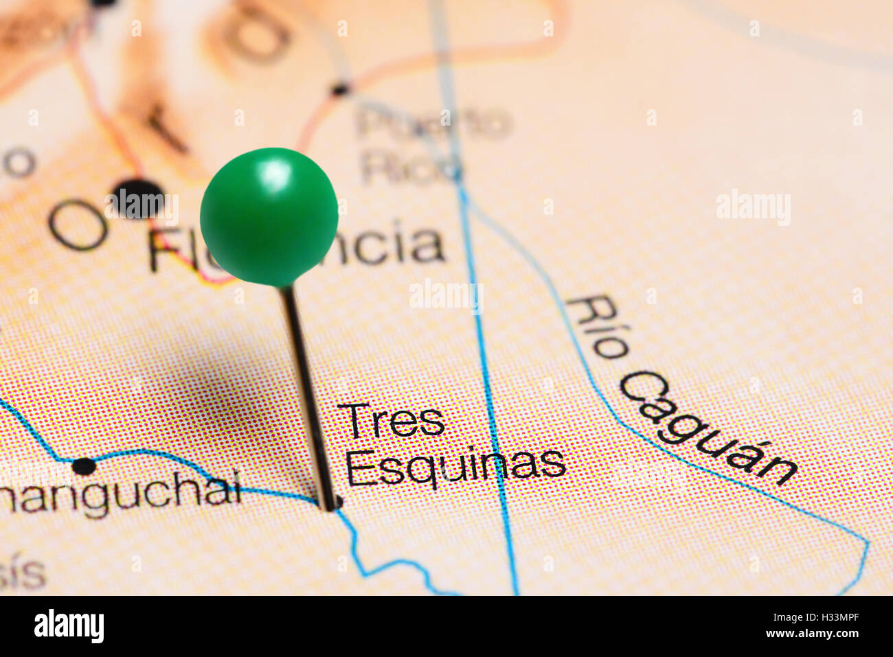 Tres Esquinas pinned on a map of Colombia Stock Photo