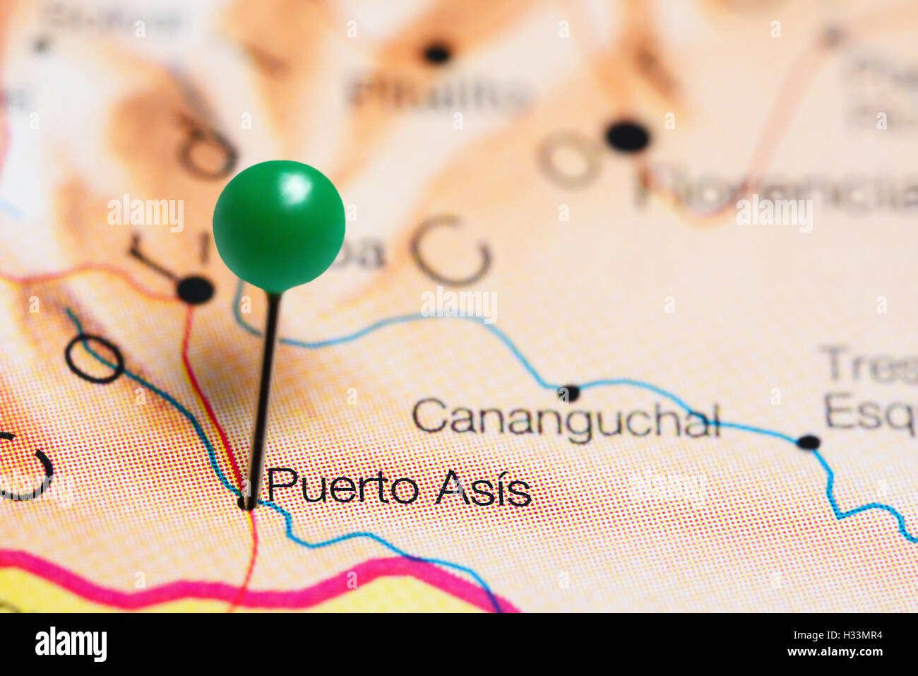 Puerto Asis pinned on a map of Colombia Stock Photo