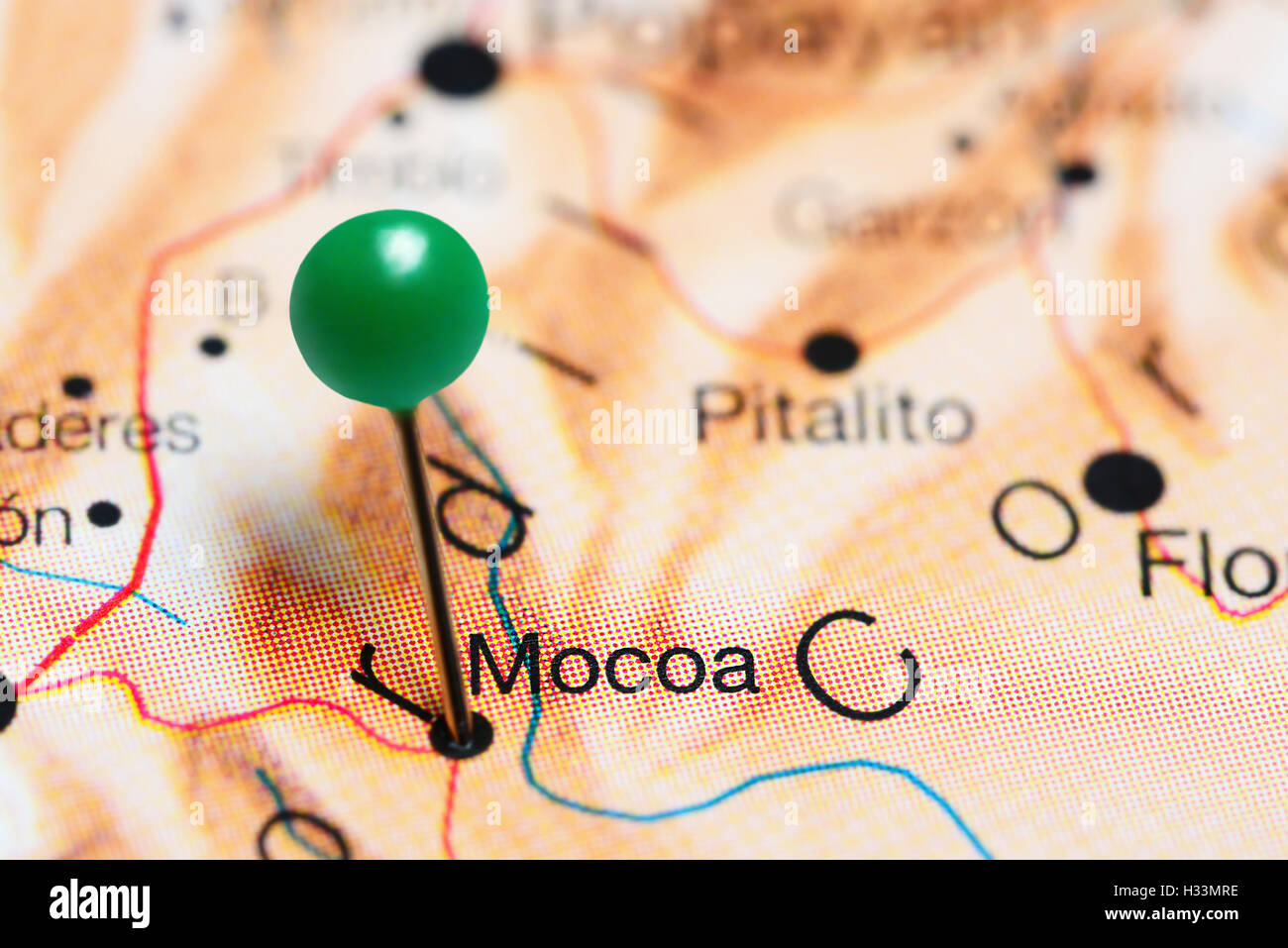 Mocoa pinned on a map of Colombia Stock Photo