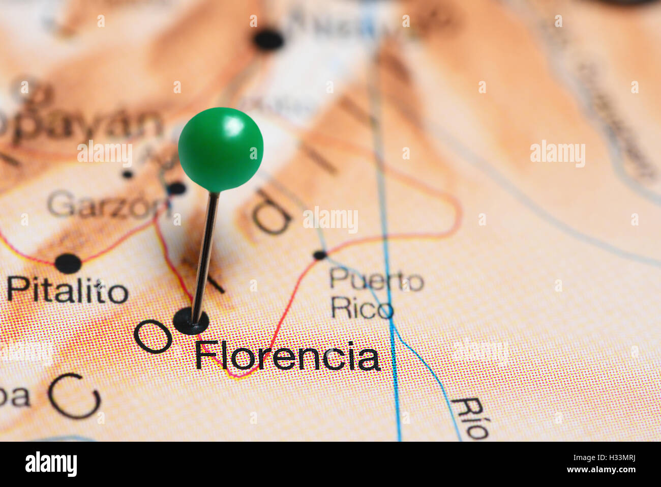 Florencia pinned on a map of Colombia Stock Photo