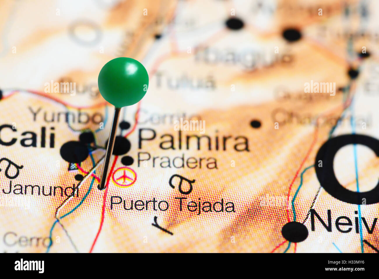 Puerto Tejada pinned on a map of Colombia Stock Photo