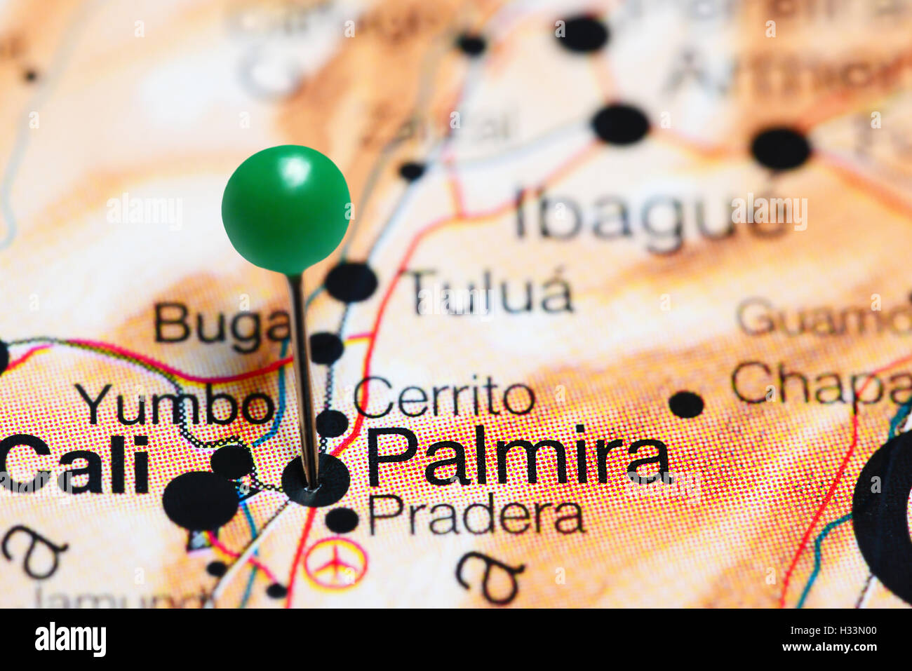 Palmira pinned on a map of Colombia Stock Photo