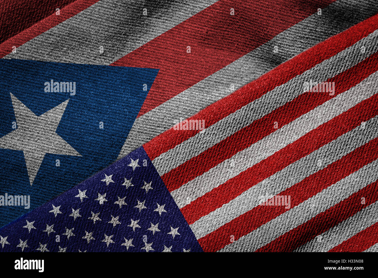 3D rendering of the flags of USA and Puerto Rico on woven fabric ...