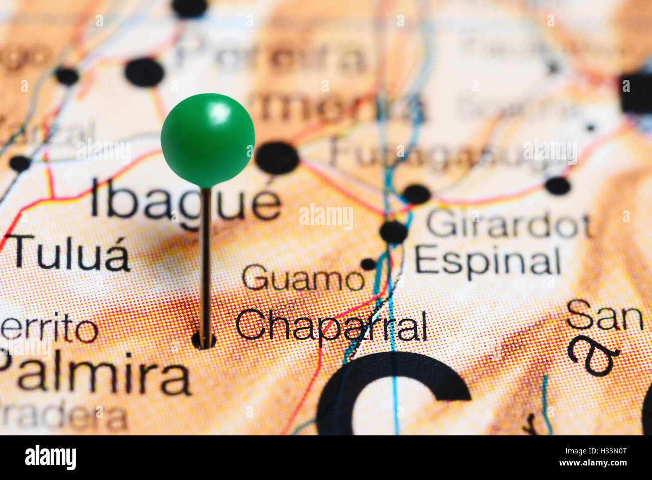 Chaparral pinned on a map of Colombia Stock Photo