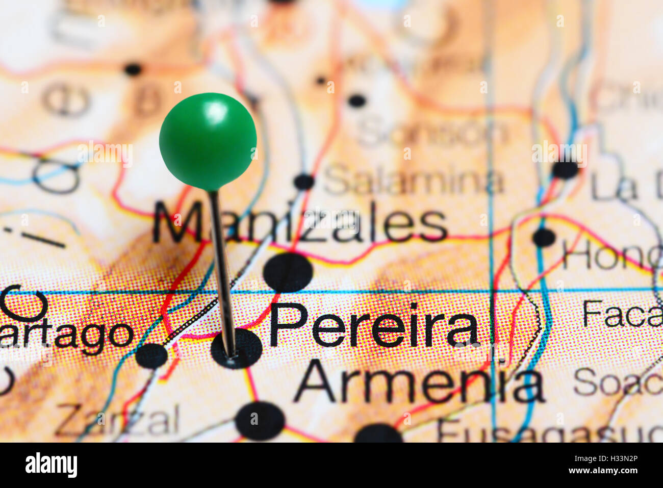 Pereira pinned on a map of Colombia Stock Photo Alamy
