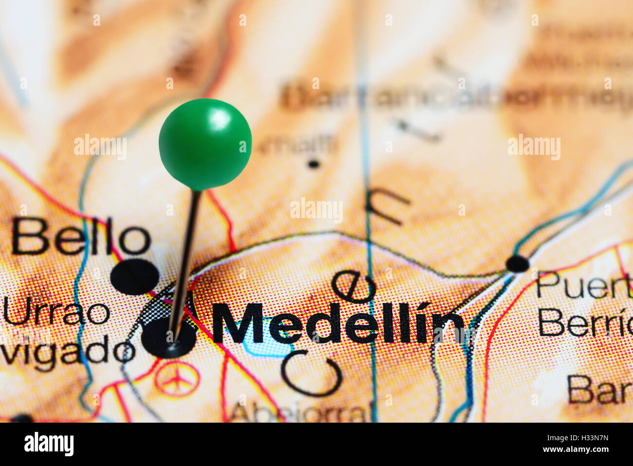 Medellin pinned on a map of Colombia Stock Photo