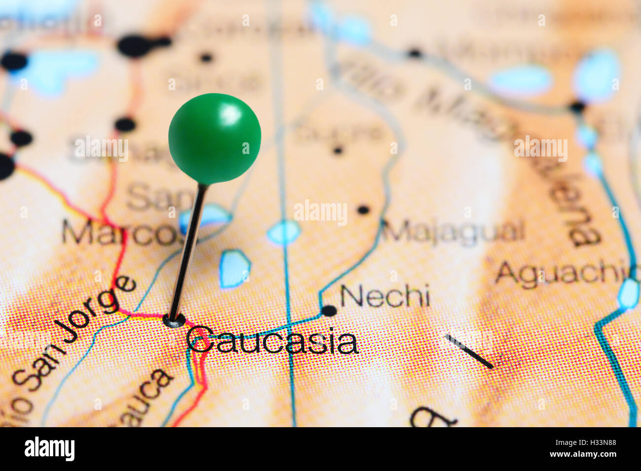 Caucasia pinned on a map of Colombia Stock Photo