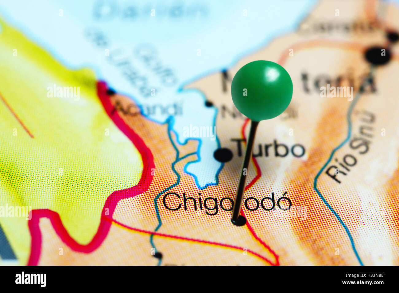 Chigorodo pinned on a map of Colombia Stock Photo