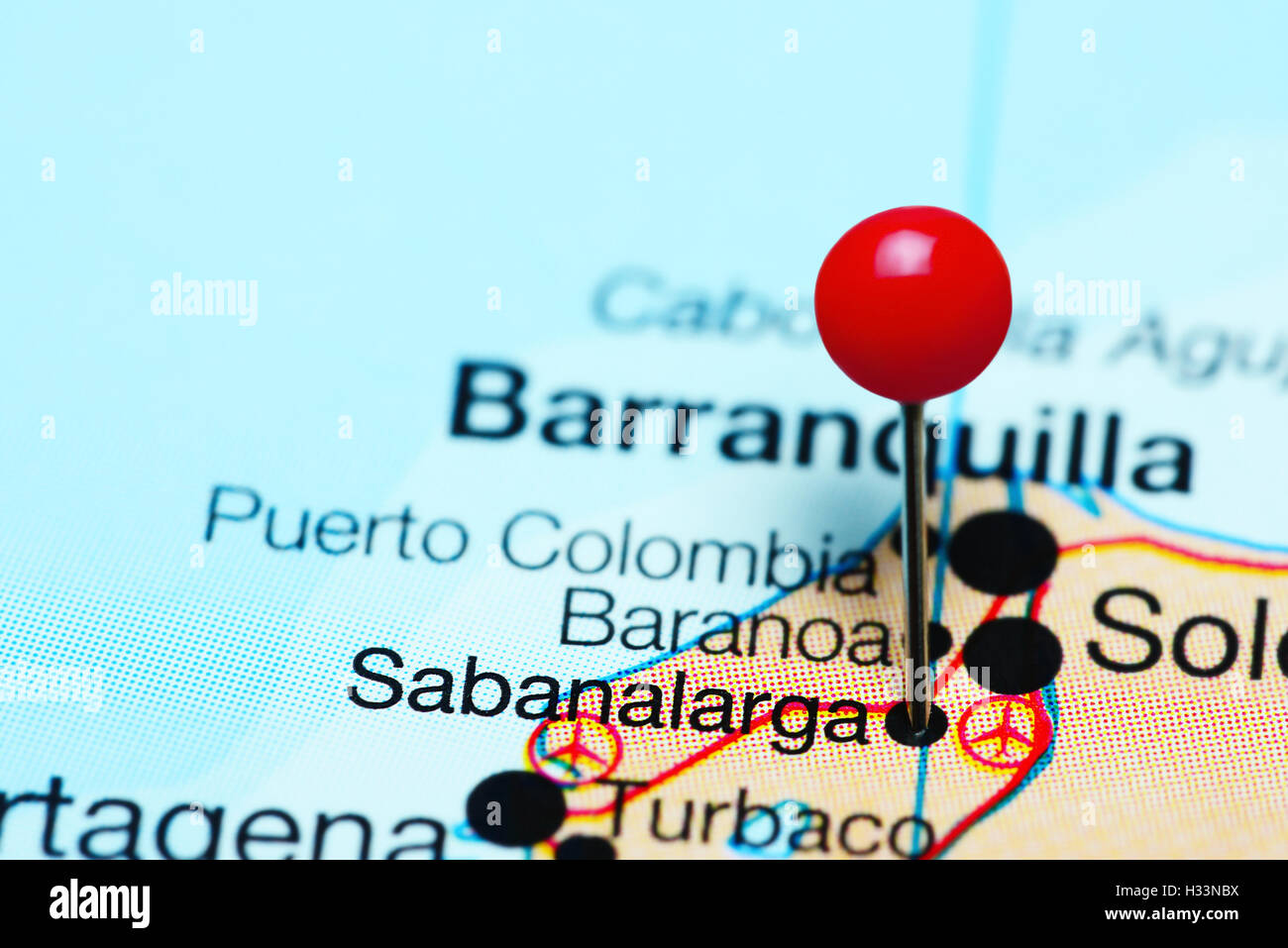 Sabanalarga pinned on a map of Colombia Stock Photo