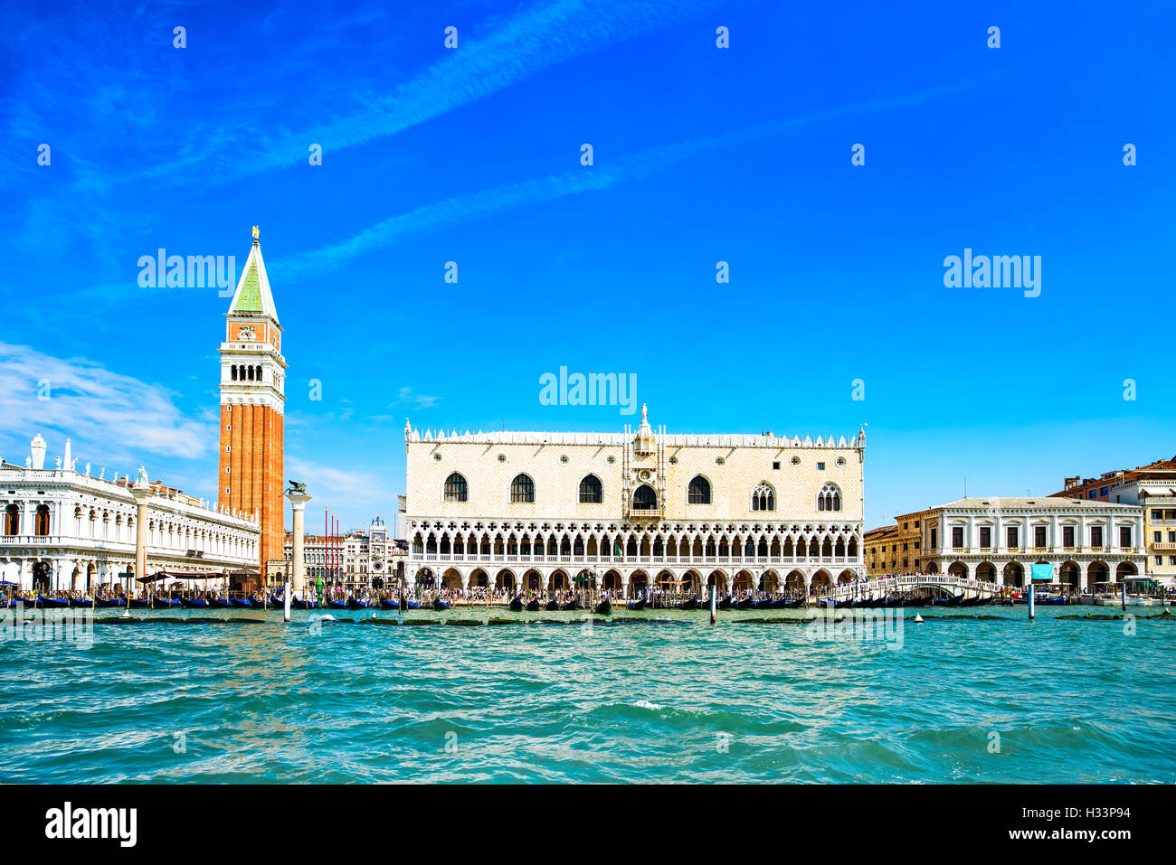 Venice landmark, view from sea of Piazza San Marco or st Mark square, Campanile and Ducale or Doge Palace. Italy, Europe. Stock Photo
