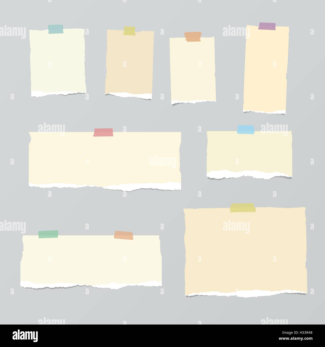 Pieces of light brown torn note paper with colorful adhesive, sticky tape stuck on grey background Stock Vector