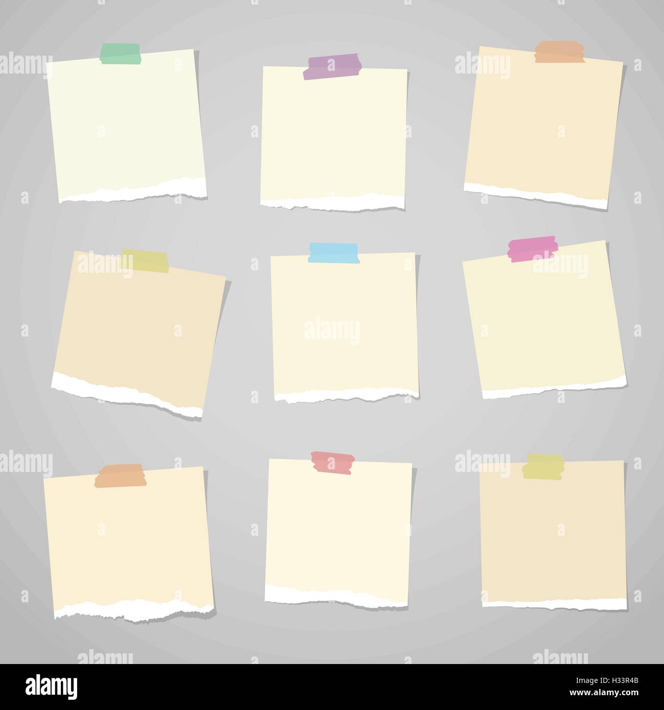 Pieces of light brown torn note paper with colorful adhesive, sticky tape stuck on grey background Stock Vector