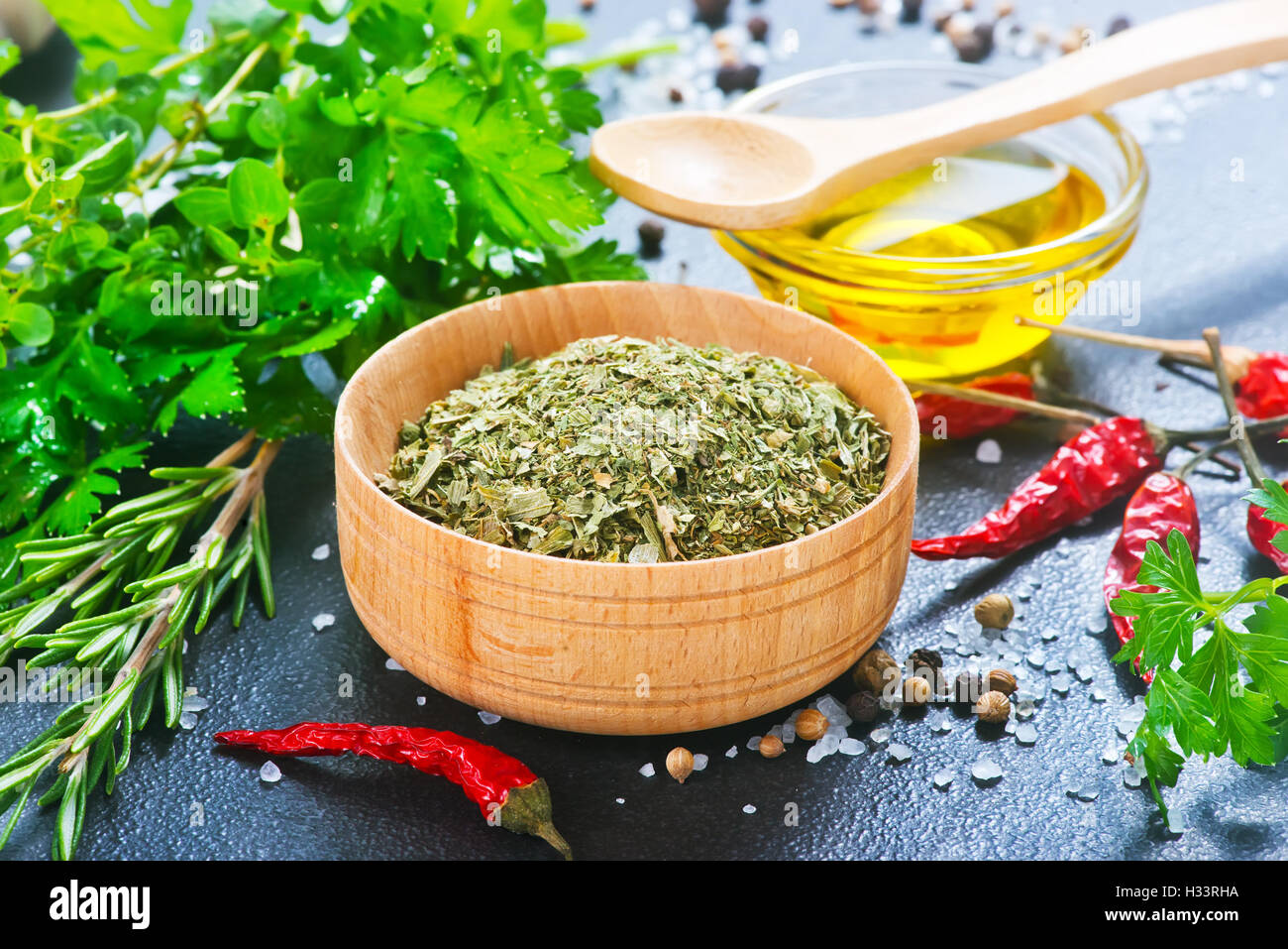 dry parsley and other spice on a table Stock Photo Alamy