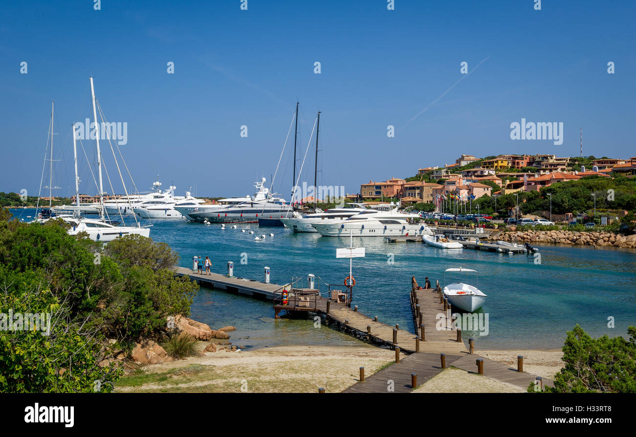 Yacht marina and small sand beach at Porto Cervo bay Stock Photo