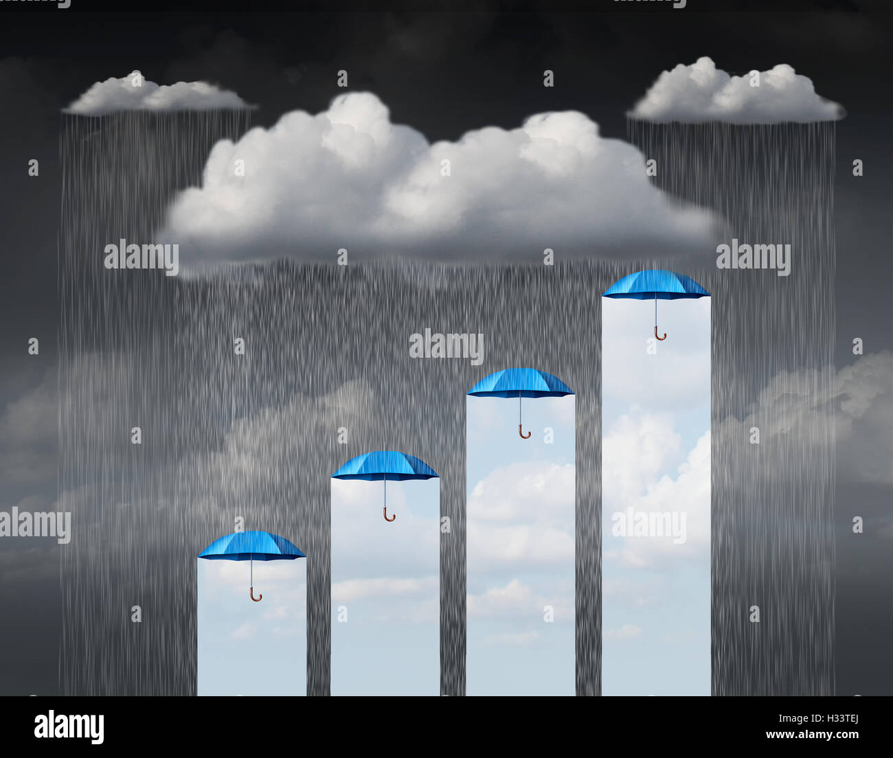 Protection increase as a business concept and weather infochart or infographic as a cloud with rain falling down and a group of Stock Photo