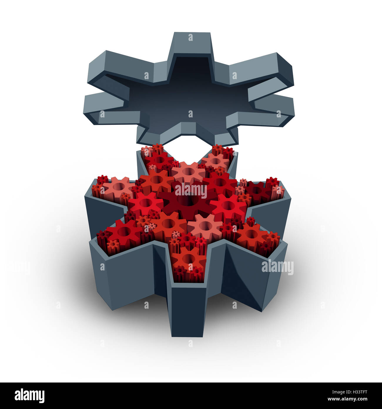 Business audit and financial accounting inner workings exposed concept as a large open gear exposing the internal mechanics of a company as a metaphor for auditing or corporate verification as a 3D illustration. Stock Photo