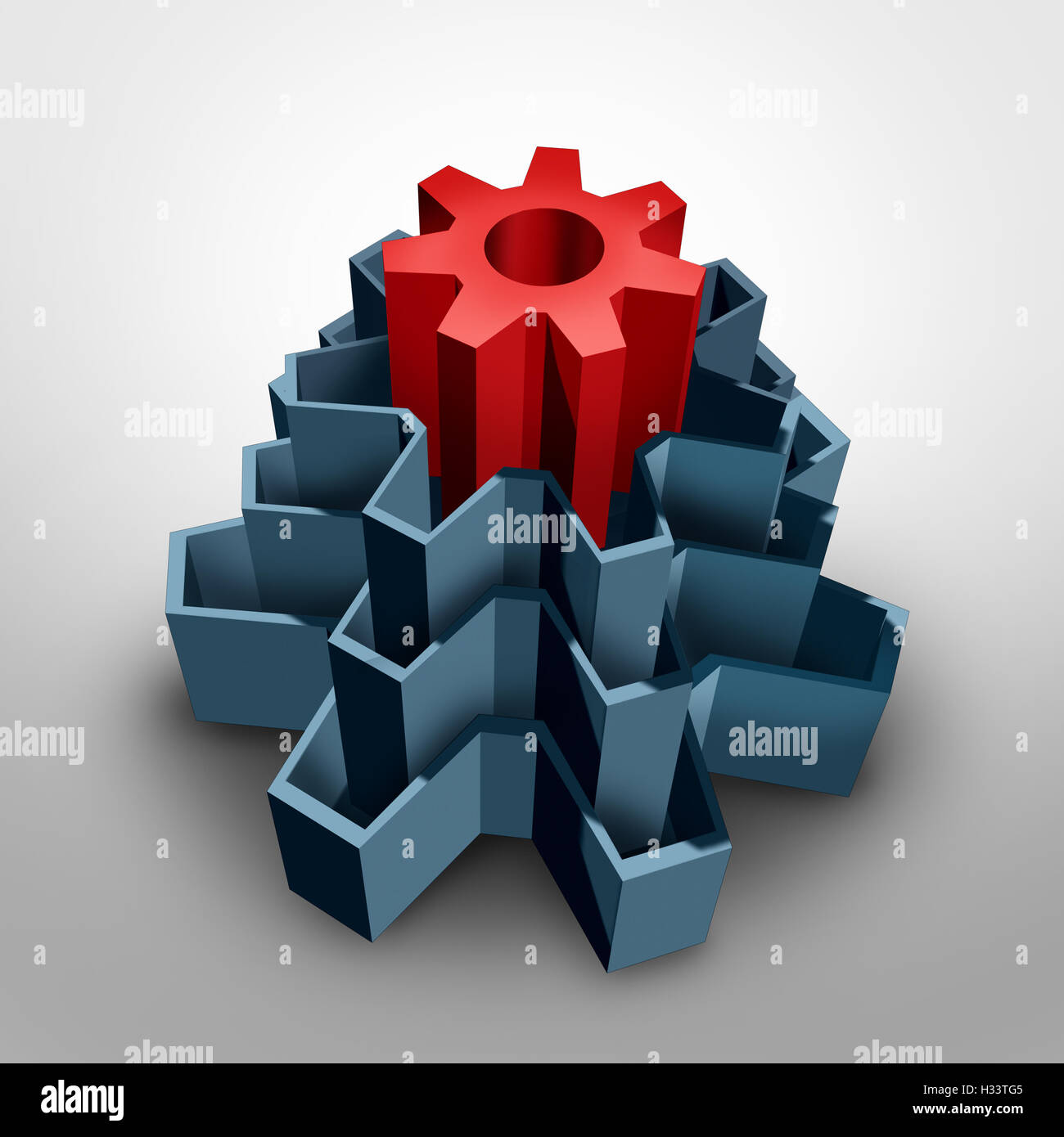 Core business solution concept as an inner center red gear inside a group of larger cog shapes as a corporate foundation symbol Stock Photo