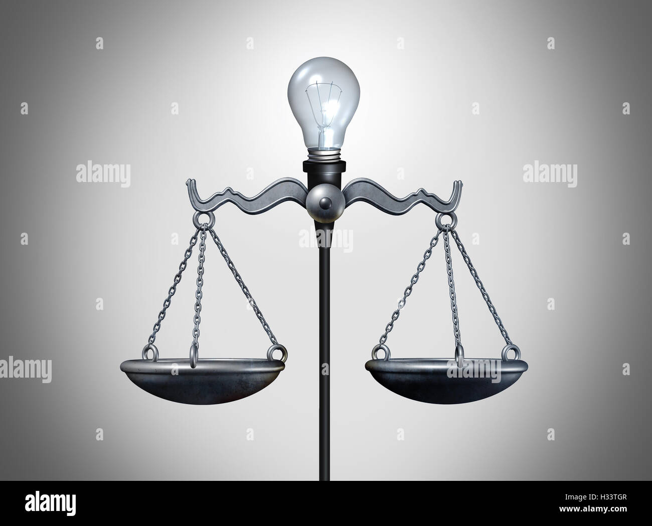 Legal idea and smart intelligent law strategy concept as an illuminated lightbulb balancing a justice scale as a bright lawyer or attorney icon for legislation or verdict success as a 3D illustration. Stock Photo