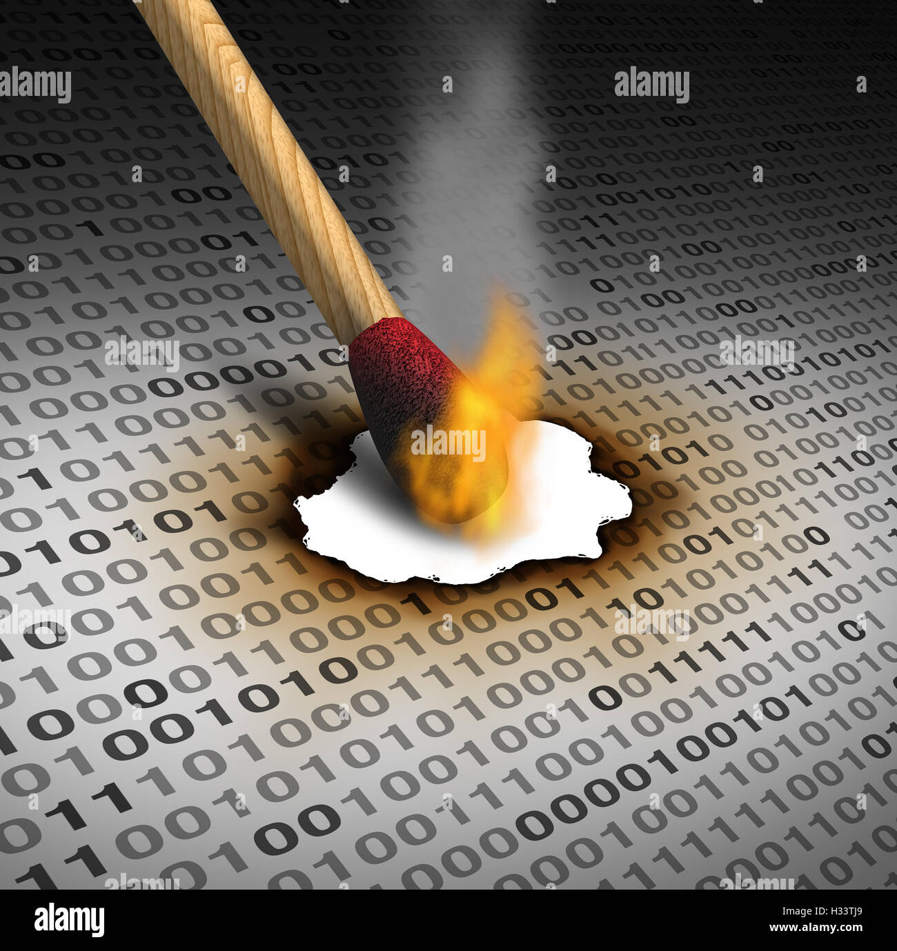 Delete data and deleting information as a technology concept with a lit match burning binary code as an internet security symbol or to eliminate and destroy an email or clean a hard drive server with 3D illustration elements. Stock Photo