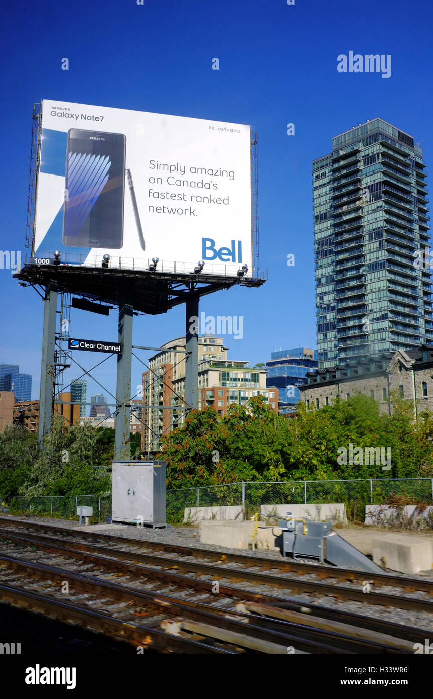 A large advertising billboard overlooking railway tracks on the