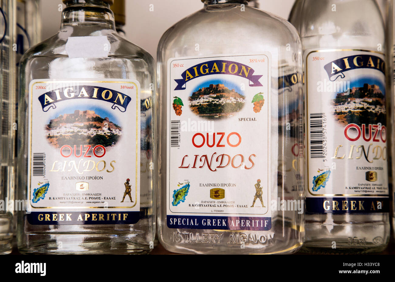 Bottles of Greek Ouzo Lindos Rhodes Greece Stock Photo