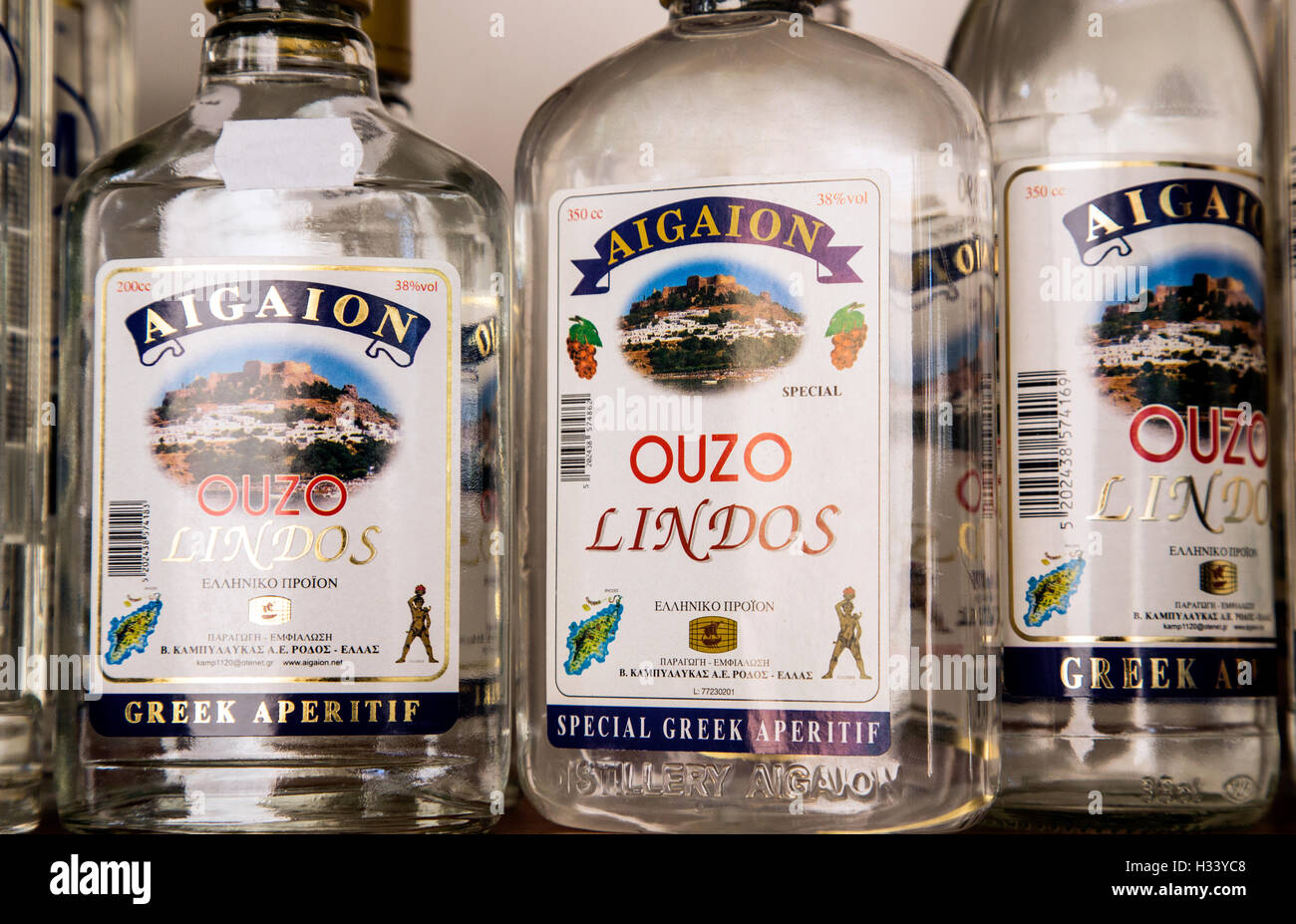 Bottles Of Greek Ouzo Lindos Rhodes Greece Stock Photo Alamy