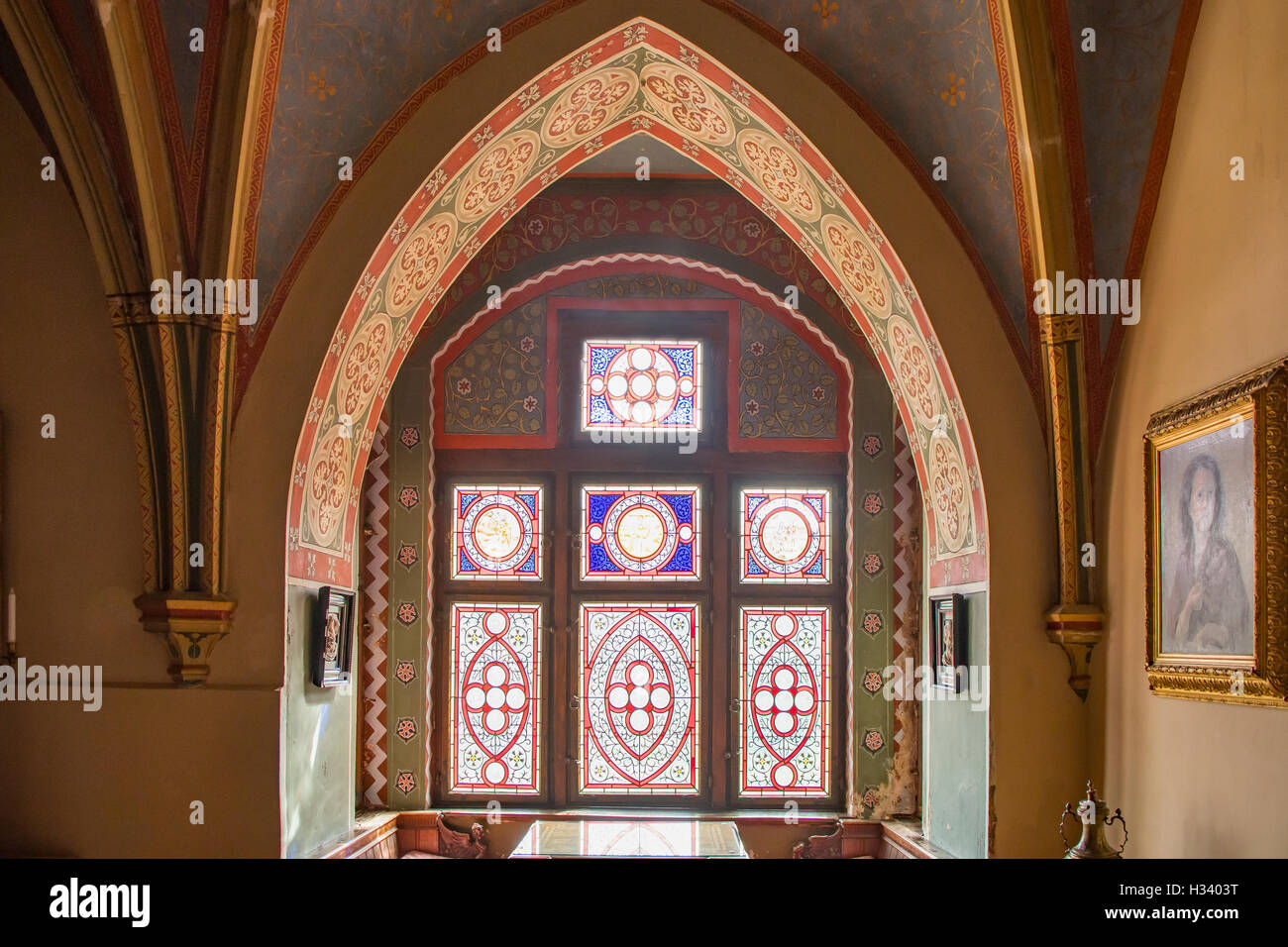 Stained Glass Window in Schloss Reichsburg, Cochem, Rhineland Palatinate, Germany Stock Photo