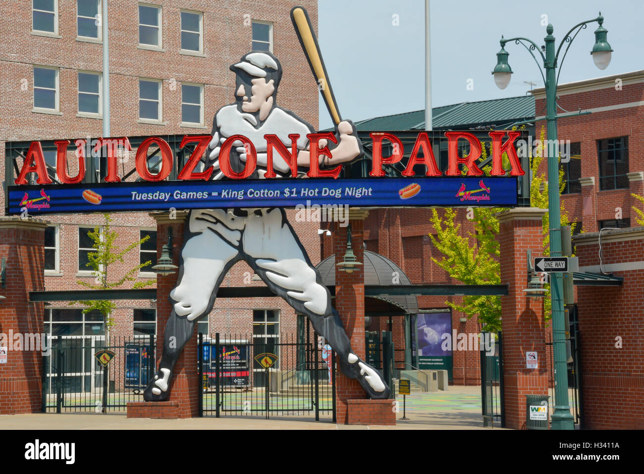 The AutoZone Park stadium entrance with Big baseball player is home to the Redbirds, a Minor