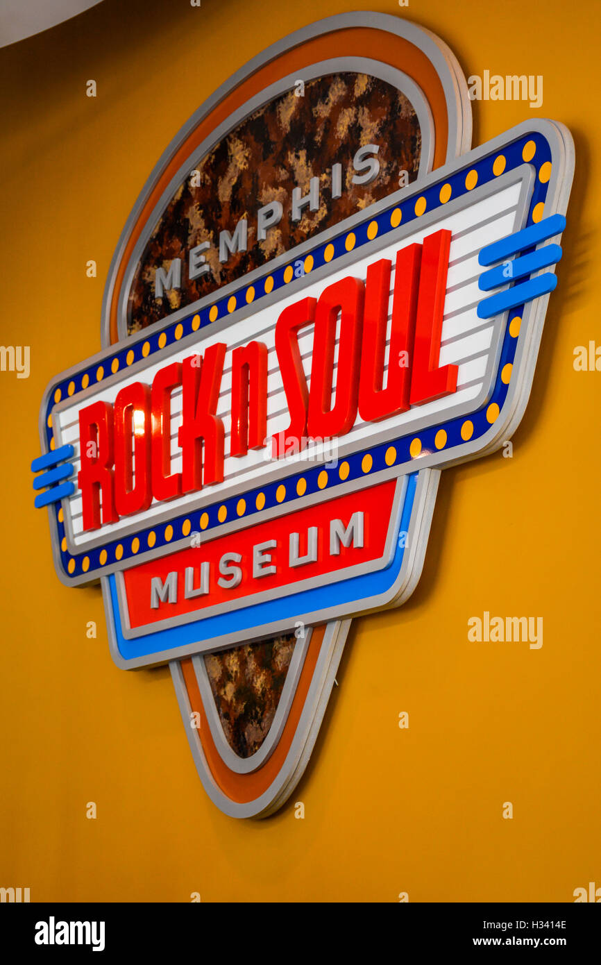 The Memphis Rock N' Soul Museum sign with a guitar pick theme and retro design, inside the lobby on Beale Street in Memphis, TN, USA Stock Photo