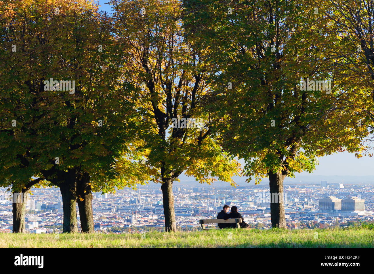 Wien, Vienna: View of Vienna from the Hill 'Himmel“, young couple at park bench, 00., Wien, Austria Stock Photo