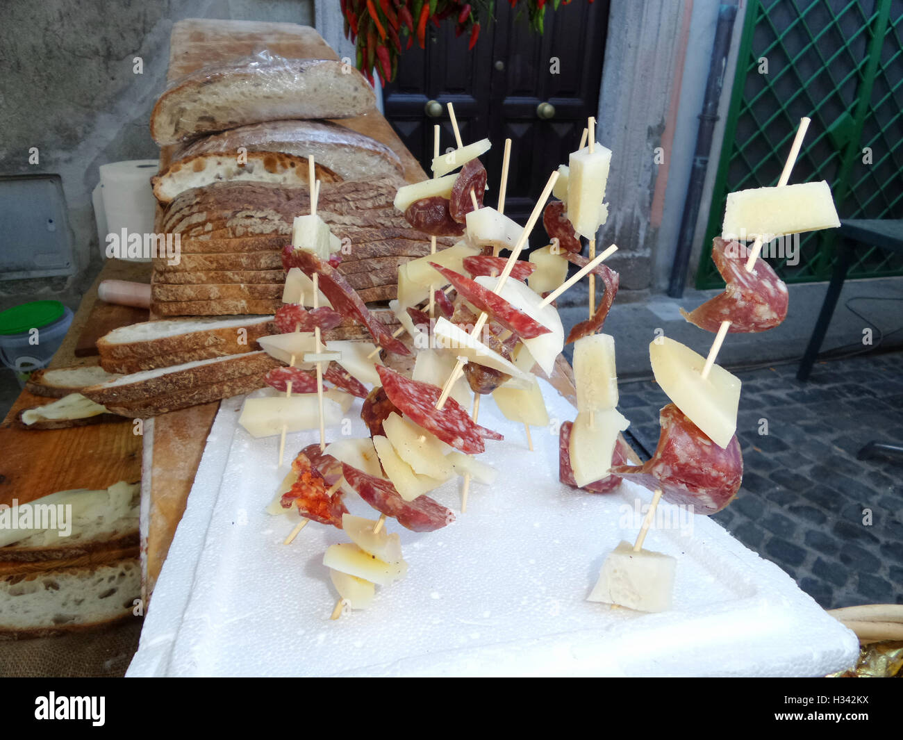 Bread Salami Cheese Skewers Stock Photo
